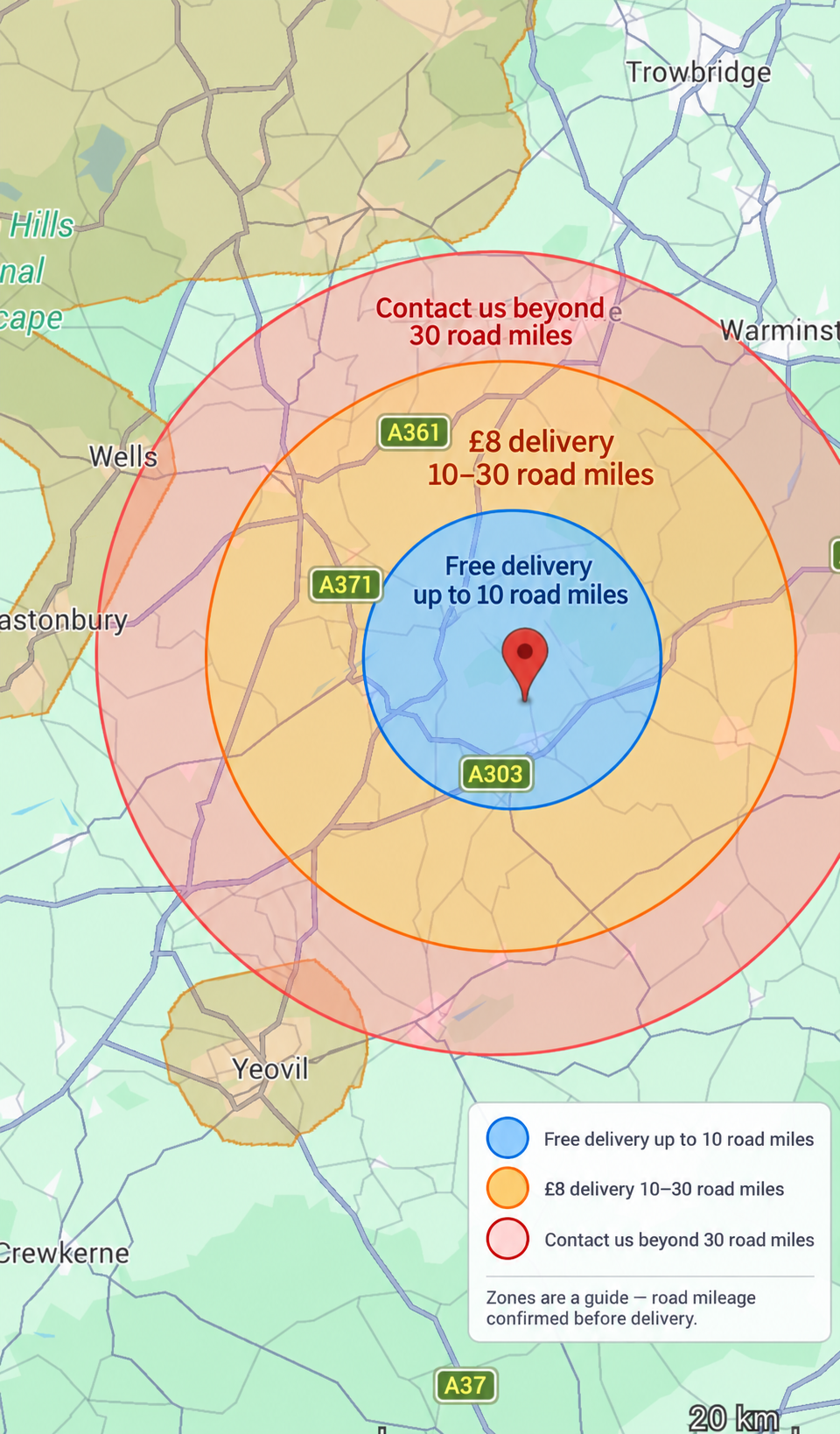 Delivery guide map showing free delivery within 10 road miles, an eight pound delivery charge between 10 and 30 road miles, and contact us beyond 30 miles.